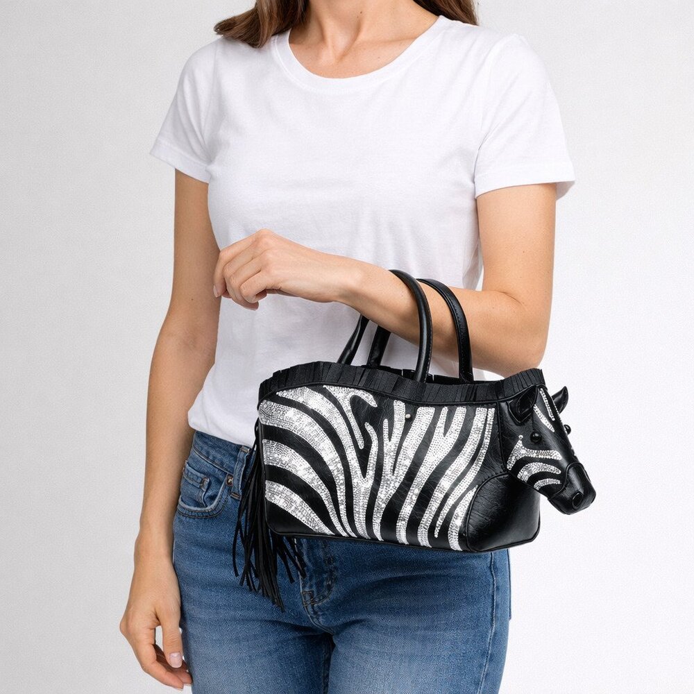 Black Zebra-Print Fringe Tote Bag with Removable Strap - Picture 3 of 7
